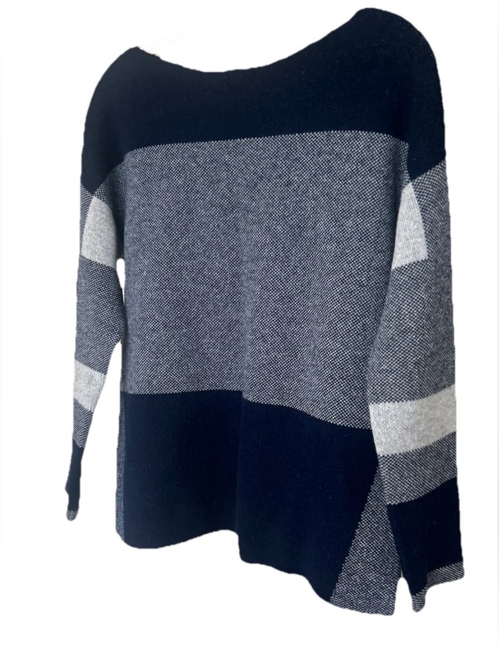 Vince Wool Blend Colorblock Dolman Boat Neck Sweater Gray Navy XS